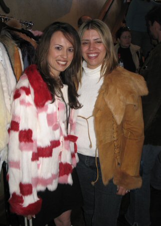 Friends wearing Reversible Red, Pink and White Rabbit Coat Model 84 & Beige Rabbit Leather Model 470