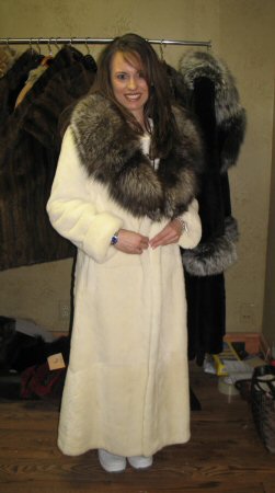Friend wearing Aspen Fashions White Sheared Nutria Fur Coat with Crystal Fox Collar Model 6998K SOLD