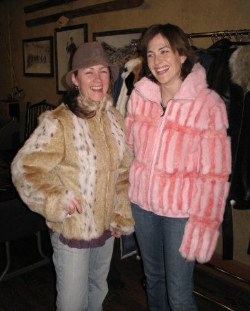 Friends wearing Reversible Rabbit Fur Coat Model 378 and Pink Shearling and Rabbit Jacket Model 269P