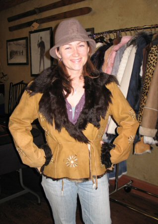 Friend wearing Toscana Shearling with Hand-Painted Floral Design Model 60F - SOLD OUT