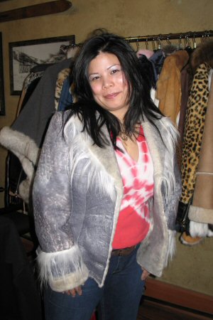 Friend wearing Aspen Fashions Shearling Jean Jacket with Toscana Shearling Trim Model 120 SOLD OUT