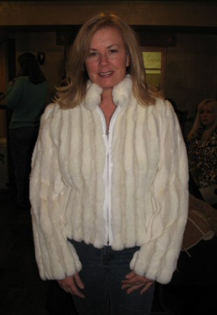 Friend wearing Aspen Fashions White Shearling and Spanish Rex Rabbit Coat Model 1391