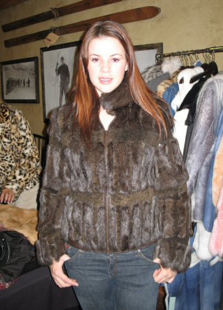 Friend wearing Aspen Fashions Dark Chocolate Shearling and Rabbit Jacket Model 269C SOLD OUT