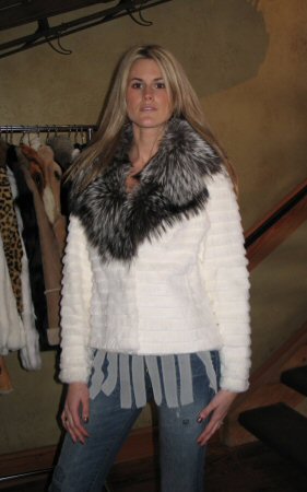 Friend wearing Aspen Fashions White Spanish Rex Rabbit with Silver Fox Collar Model 162