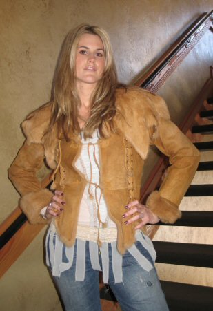 Friend wearing Aspen Fashions Beige Rabbit Jacket Model 470 - SOLD OUT
