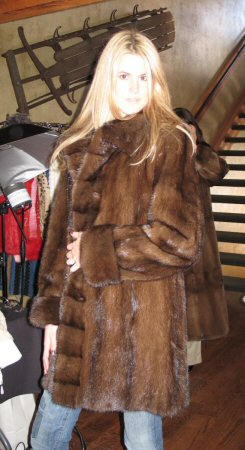 Friend wearing Aspen Fashions Cross Cut Front Mink Stroller Model 2115 - SOLD OUT