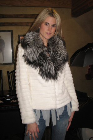 Friend wearing Aspen Fashions White Spanish Rex Rabbit with Silver Fox Collar Model 162