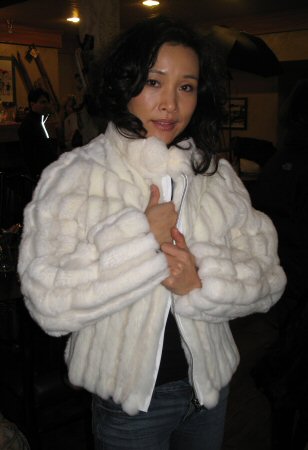 Joan Chen wearing White Shearling with Spanish Rex Rabbit Model 1391 - SOLD OUT