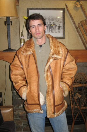Mike Brager wearing Rust Colored Shearling Bomber Jacket Model 192
