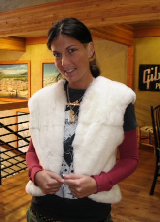 Friend wearing Aspen Fashions White Spanish Rex Rabbit Vest Model 8609R