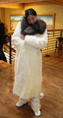 Friend Wearing Aspen Fashions White Sheared Nutria Coat with Crystal Fox Collar Model 6998K SOLD OUT