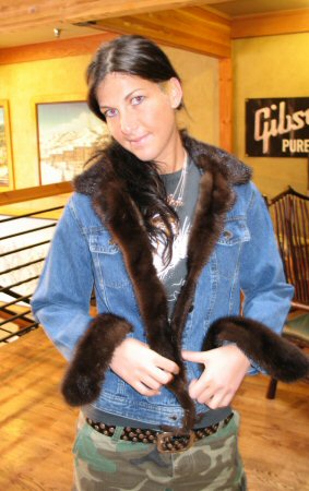 Friend wearing Aspen Fashions Denim Jacket with Mink Trim Model 527 SOLD OUT