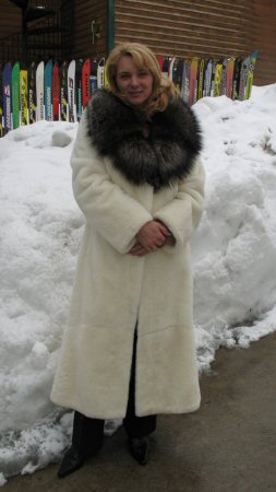 Friend wearing Aspen Fashions White Sheared Nutria Fur Coat with Crystal Fox Collar Model 6998K SOLD