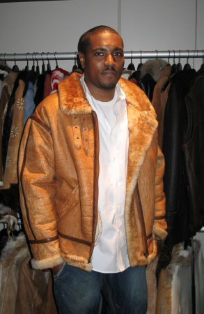 Friend wearing Aspen Fashions Rust Colored Shearling Bomber Jacket Model 192