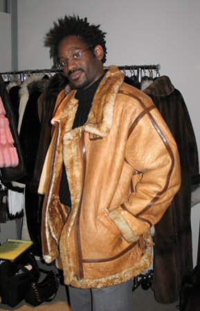 Friend wearing Aspen Fashions Rust Colored Shearling Bomber Jacket Model 192