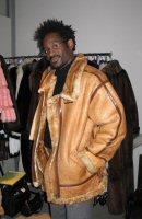 Friend wearing Aspen Fashions Rust Colored Shearling Bomber Jacket Model 192