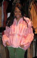 Friend wearing Aspen Fashions Pink Shearling and Rabbit Jacket Model 269P SOLD OUT