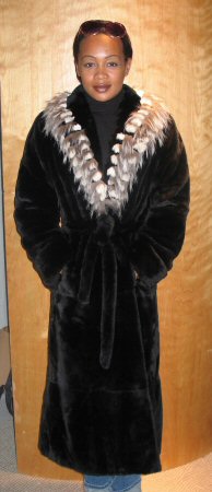 Friend wearing Aspen Fashions Black Sheared Nutria Coat with Braided Fur Collar Model 489K SOLD OUT