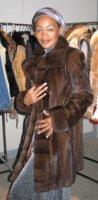 Friend wearing Aspen Fashions Black Sheared Nutria Coat with Braided Fur Collar Model 489K SOLD OUT