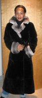 Friend wearing Aspen Fashions Black Sheared Nutria Coat with Chinchilla Collar and Cuffs Model 34K S