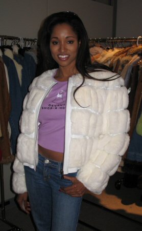 Friend wearing Aspen Fashions White Layered Spanish Rex Rabbit with Swarovski Crystals Model 9000