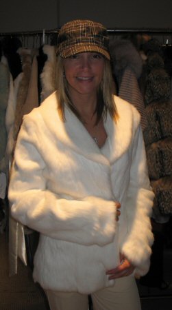 Friend wearing Aspen Fashions Reversible White Rabbit Jacket Model 1425