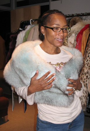 Angela Basset wearing Aspen Fashions Mint Green Fox Cape Model 25 SOLD OUT