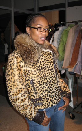 Angela Basset wearing Leopard Print Shearling Jacket with Fox Collar Model 406AP