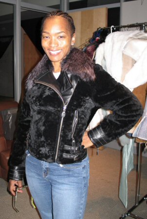 Angela Basset wearing Black Velour Shearling Jacket with Silver Fox Collar Model 406B - SOLD OUT