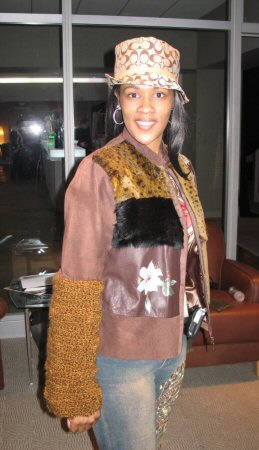 Friend wearing Aspen Fashions Hand-Painted Patch Work Jacket with Rabbit Fur Trim Model 6926 SOLD OU