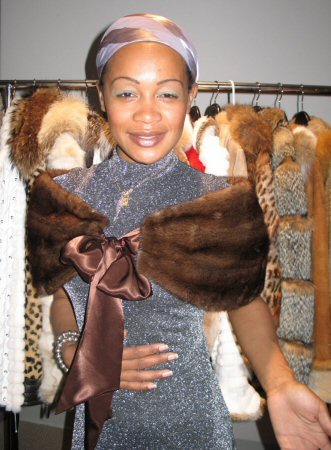 Friend wearing Aspen Fashions Mink Cape with Satin Bow Model 5192-02