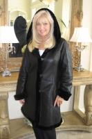 Merino Hooded Black Leather Shearling Sheepskin Coat