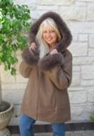 Detachable Hood Spanish Merino Shearling Sheepskin Coat With Fox Trim - Size 4