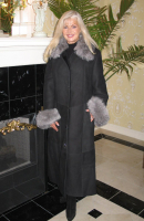 Town and Country Black Suede Spanish Merino Shearling Sheepskin Coat With Frost Fox Trim