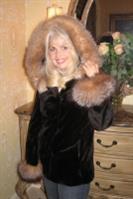 Dream Girl Hooded Ranch Sheared Mink Coat with Crystal Fox Hood and Cuffs Trim - Size 8