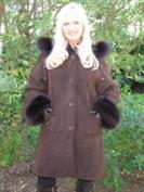 Brown Heather Hooded Spanish Merino Shearling Sheepskin Coat With Fox Trim - Size 2