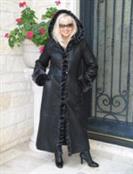 Delightful Whipstitch Hooded Black Spanish Merino Shearling Sheepskin Coat