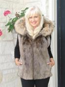 Blondie Longhair Natural Blonde Beaver Fur Vest With Golden Raccoon Trimmed Attached Hood - Size 14