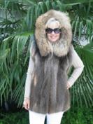 Longhair Hooded Natural Blonde Beaver Fur Vest With Finn Raccoon Trim