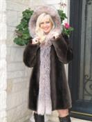 Strolling in Brown Phantom Hooded Beaver Coat With Crystal Fox Trim - Size 8