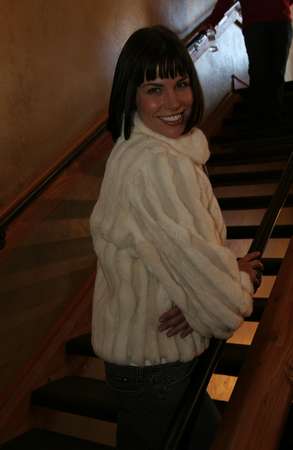 Brooke Burns wearing White Shearling Jacket with Spanish Rex Rabbit Model 1391 SOLD OUT