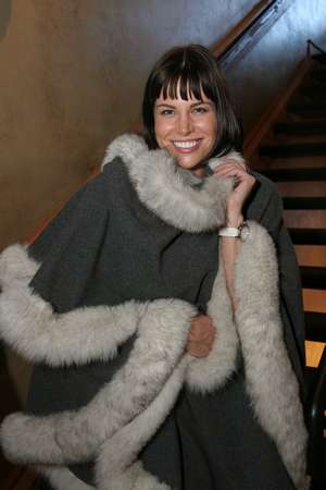 Brooke Burns wearing the Gray Cashmere Cape with Fox Trim Model 27G SOLD OUT