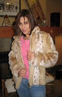 Maggie Wagner wearing Reversible Spanish Rabbit Leoard Print Jacket Model 378 SOLD OUT