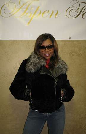 Taraji Henson wearing Black Velour Shearling Jacket with Silver Fox Collar Model 406B - SOLD OUT