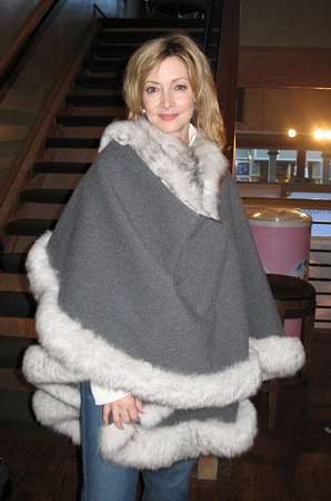 Sharon Lawrence wearing Grey Cashmere Cape with Fox Trim