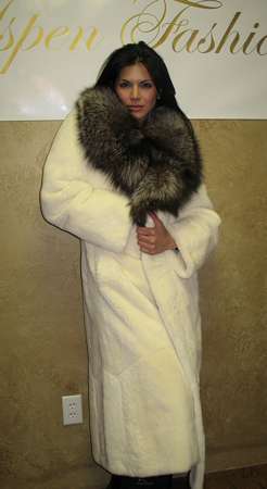 Joyce Giraud wearing White Fur Coat with Fox Collar Model 6998 SOLD OUT