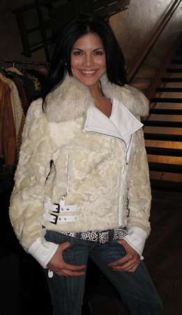 Joyce Giraud wearing White Velour Shearling Jacket Model 406W SOLD OUT