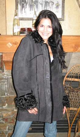 Joyce Giraud wearing Black Suede Shearling Coat with Curly Lamb Collar and Cuffs Model 17020C SOLD O