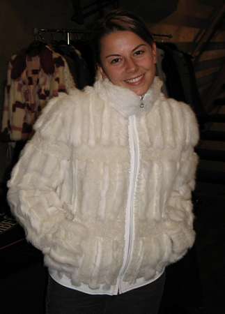 Juliet Rogulewski wearing White Shearling and Spanish Rex Rabbit Coat Model 1391 - SOLD OUT