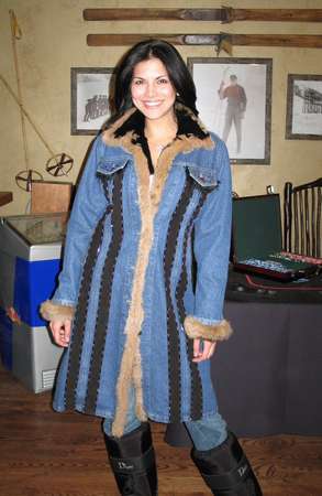 Joyce Giraud wearing Long Jean Coat with Fox Trim and Lace Detail Model 6935 SOLD OUT